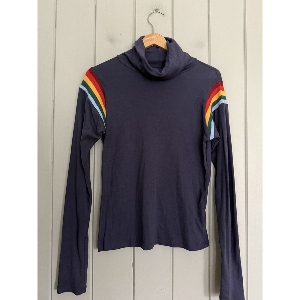 Modcloth Navy Turtleneck Top with Rainbow Shoulder Stripes